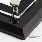 Close-up view of the 8mm extra-thick base plate on an acrylic certificate frame, demonstrating the sturdy construction and premium quality of the product