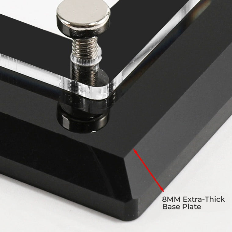 Close-up view of the 8mm extra-thick base plate on an acrylic certificate frame, demonstrating the sturdy construction and premium quality of the product