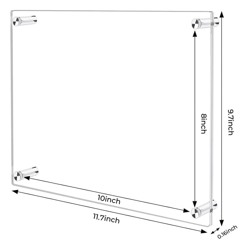 8x10 inch inner size acrylic photo frame - outer dimensions 11.7x10 inch, 0.24 inch thick acrylic, compatible with tabletop/wall-mounted display