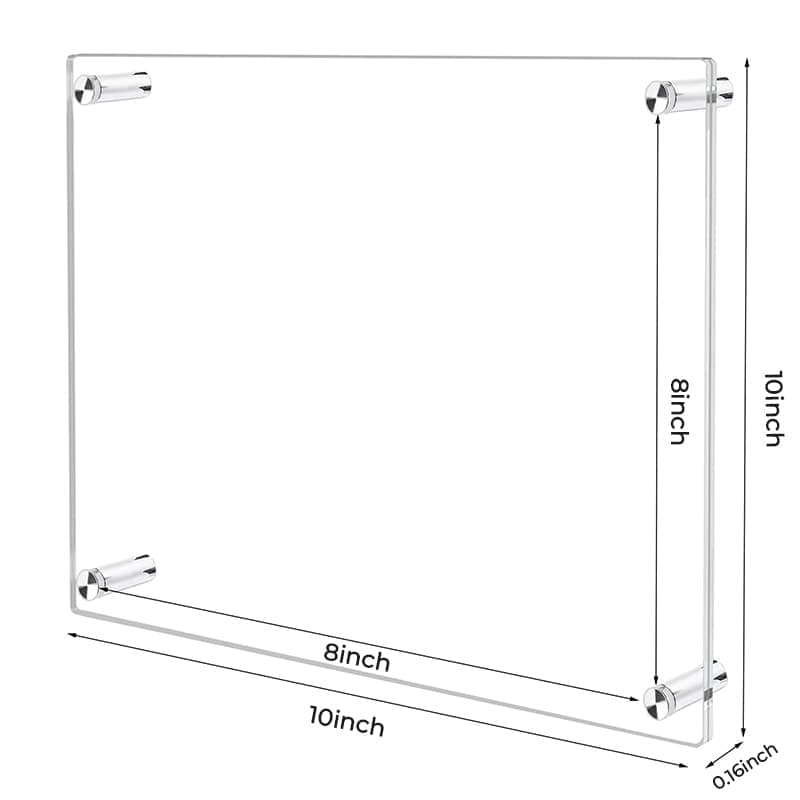8x8 inch inner size acrylic photo frame - outer dimensions 10x8 inch, 0.24 inch thick clear acrylic, stainless steel corner fasteners for secure closure