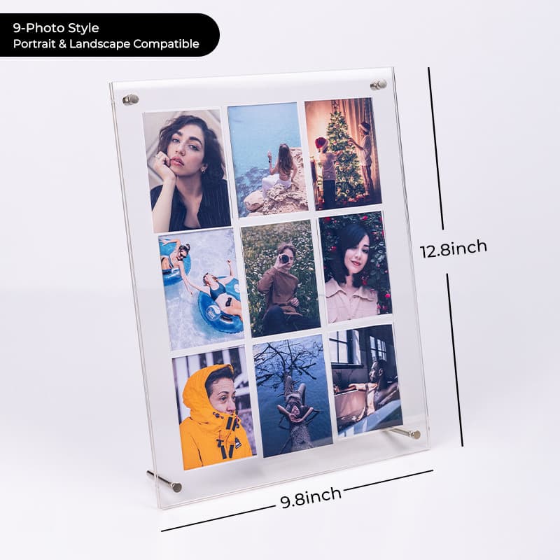 Clear acrylic 9-photo collage frame in portrait orientation, showcasing a 3×3 grid of lifestyle, vacation, and holiday photos. Dimensions: 12.8×9.8in, compatible with both portrait and landscape placement.