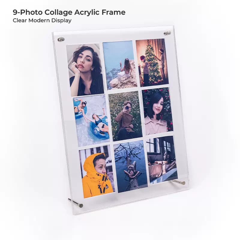 Clear acrylic 9-photo collage frame showcasing a grid of vacation and portrait photos in a modern tabletop design