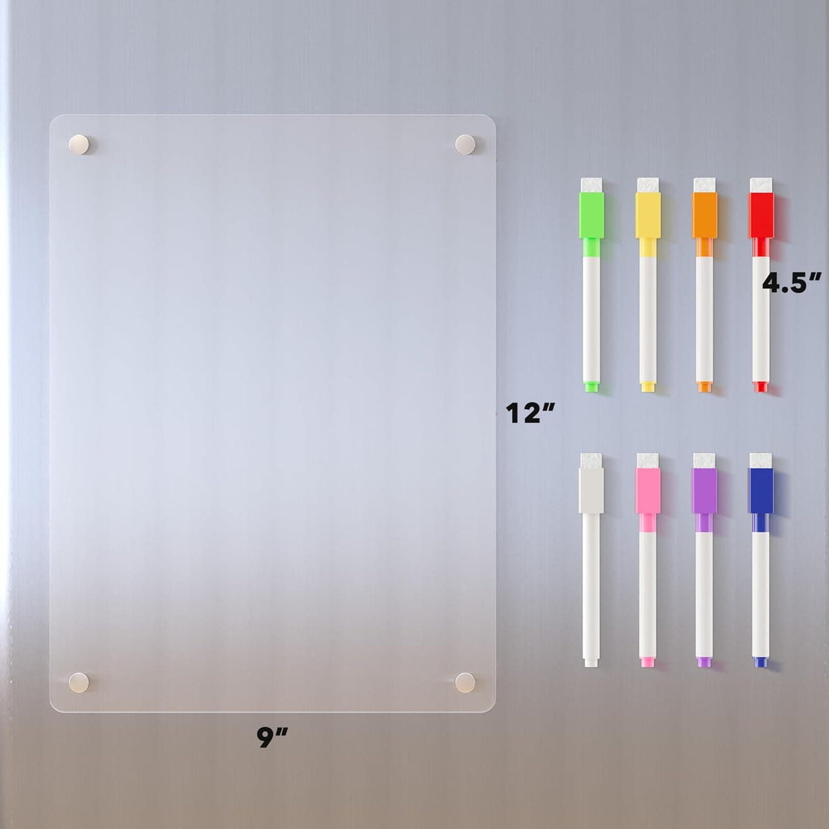 9" x 12" acrylic whiteboard with dimensions labeled, paired with 8 markers