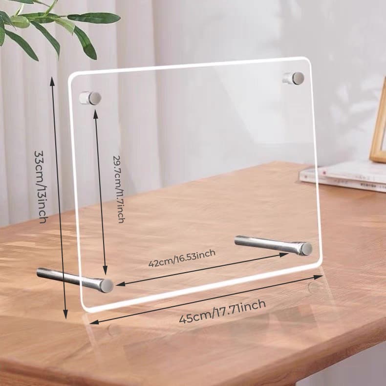 A3 Acrylic Certificate Frame Dimensions: 45cm (17.71inch) x 33cm (13inch) (inner page: 42cm x 29.7cm) - transparent acrylic frame with metal stand, compatible with tabletop/vertical display