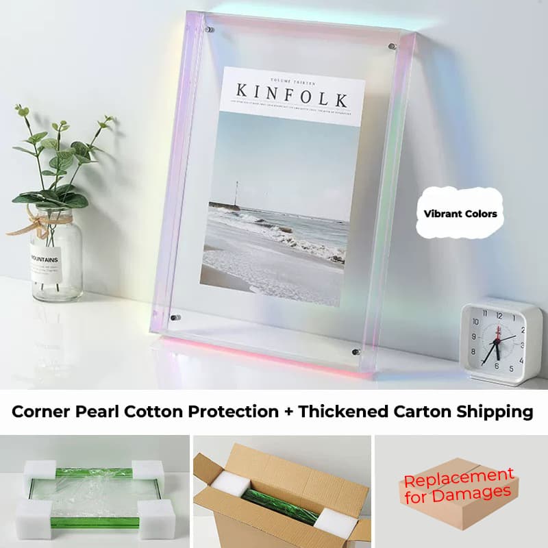Iridescent Acrylic Floating Photo Frame - Vibrant Color Changing Effect, Displaying Kinfolk Magazine Cover for Desktop Decor