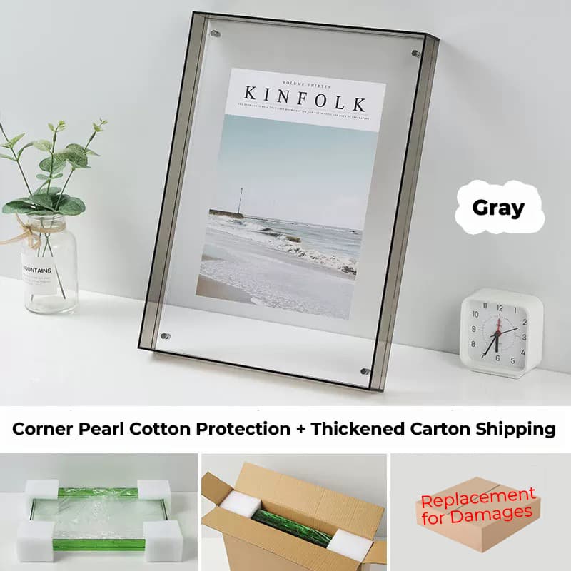 Gray Acrylic Floating Photo Frame - Minimalist Desktop Display