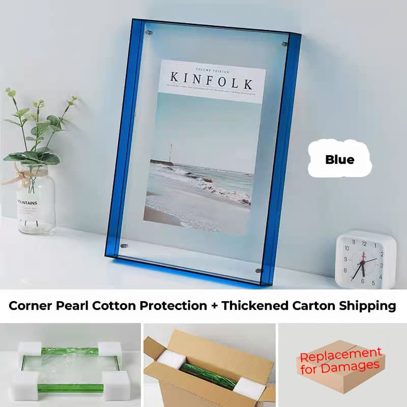 Blue Acrylic Floating Photo Frame - Calming Desktop Display