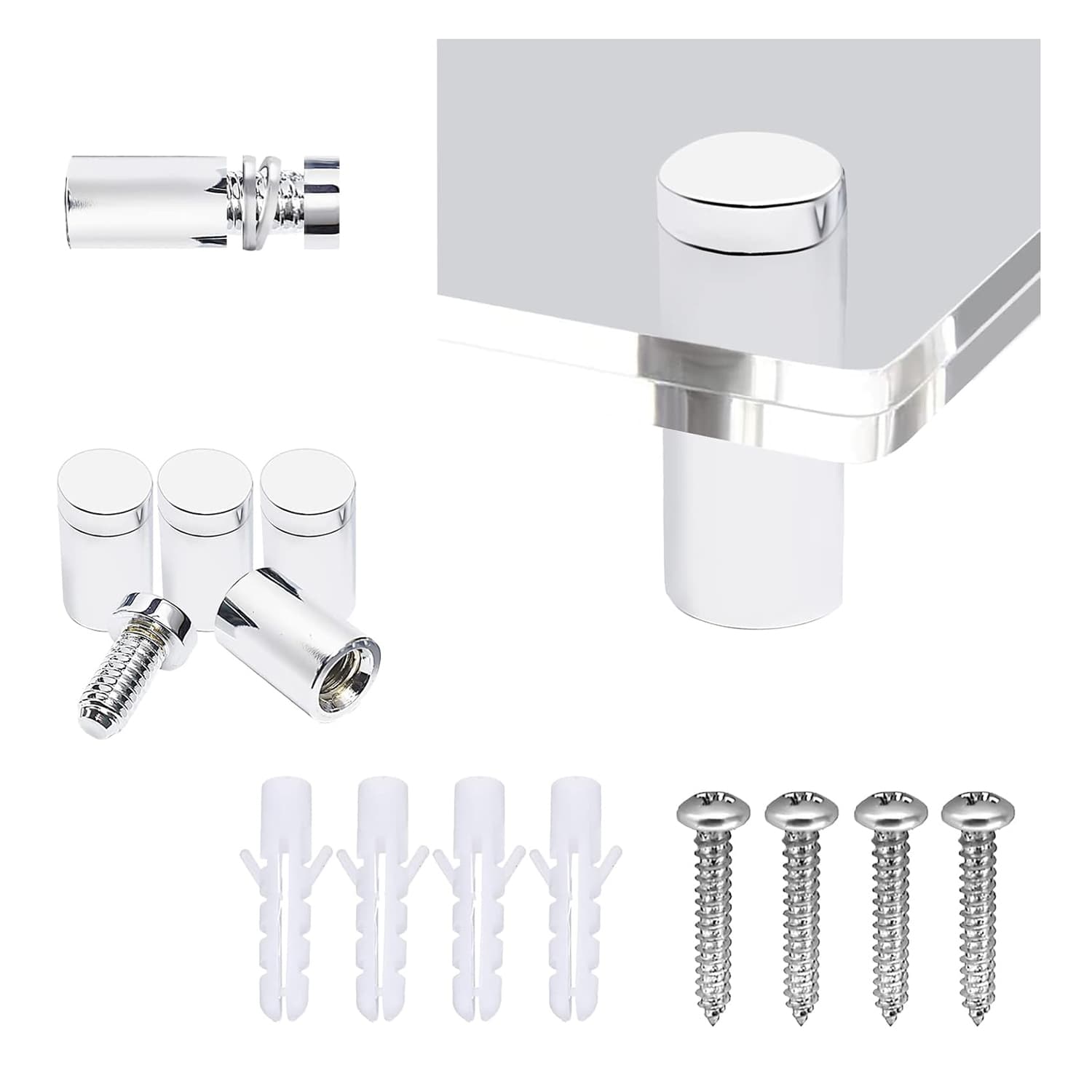 Complete accessory kit for acrylic photo frames: includes stainless steel fasteners, screws, and wall anchors. All hardware needed for tabletop or wall-mounted installation