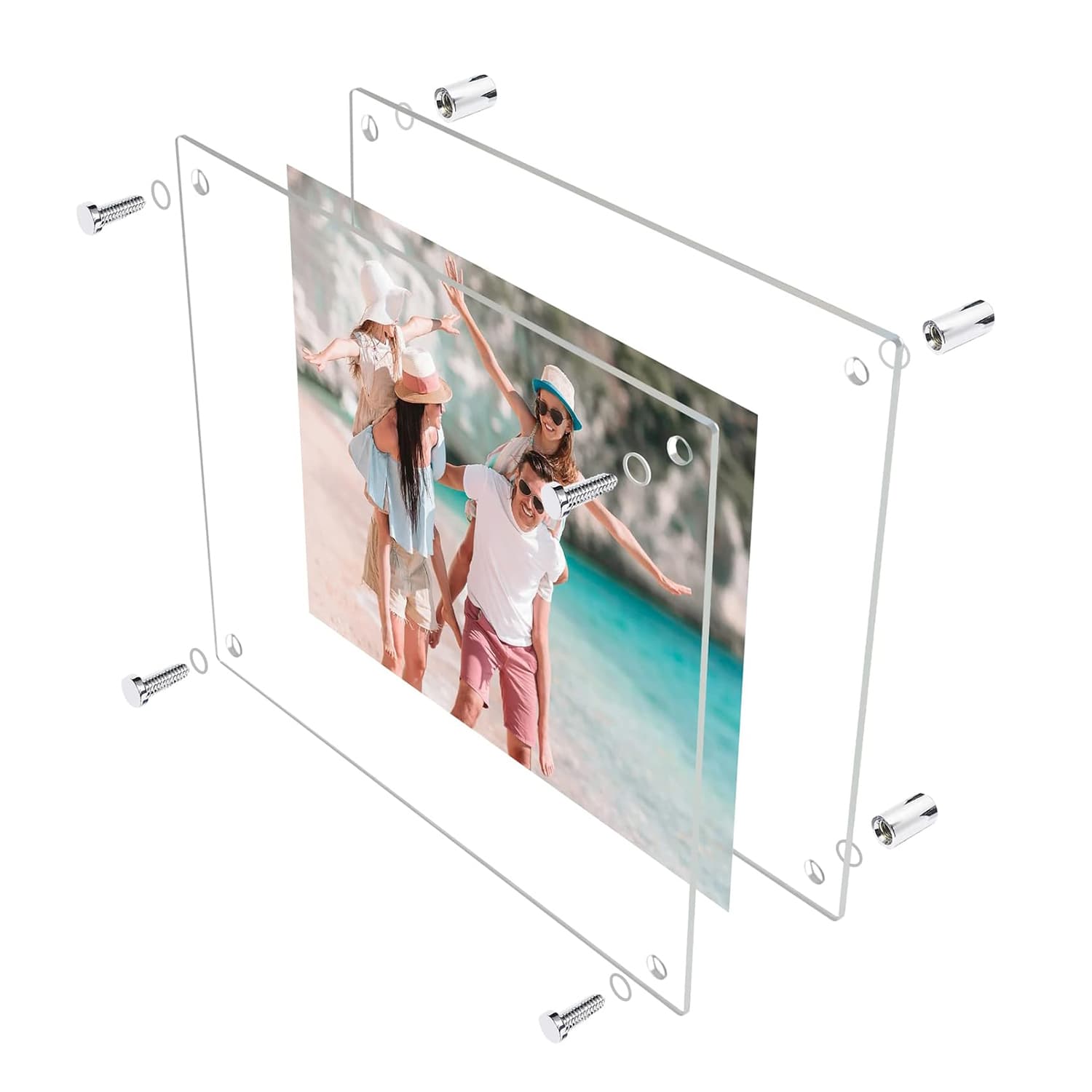 Exploded view of acrylic photo frame: dual-panel design with a family beach photo, paired with stainless steel screws and fasteners. Shows easy assembly for tabletop or wall-mounted display