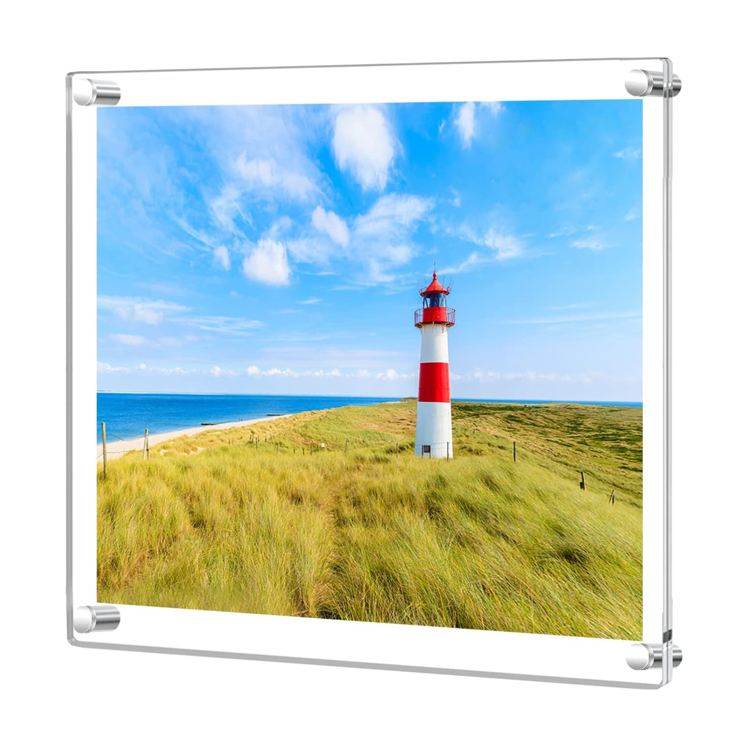 clear acrylic photo frame featuring a lighthouse landscape photo. Uses sleek metal corner fasteners, ideal for showcasing large-format photos or art