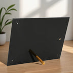 Back view of an acrylic certificate frame, showing the built-in golden stand that enables stable tabletop display in both horizontal and vertical orientations