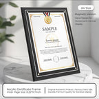 A4-size black border acrylic certificate frame with magnetic fixation, displayed vertically on a marble pedestal, showcasing a sample award certificate with a modern, professional design