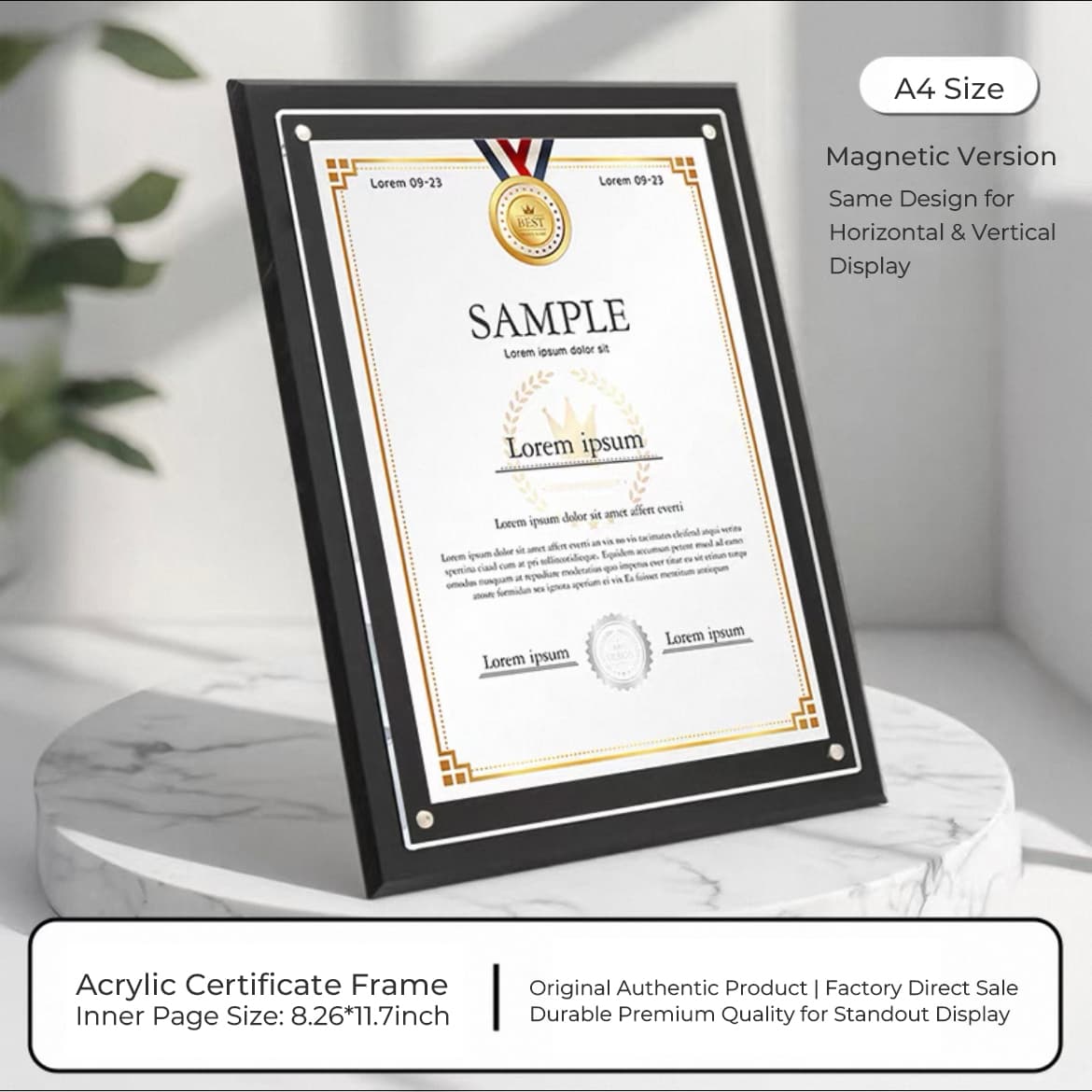 A4-size black border acrylic certificate frame with magnetic fixation, displayed vertically on a marble pedestal, showcasing a sample award certificate with a modern, professional design