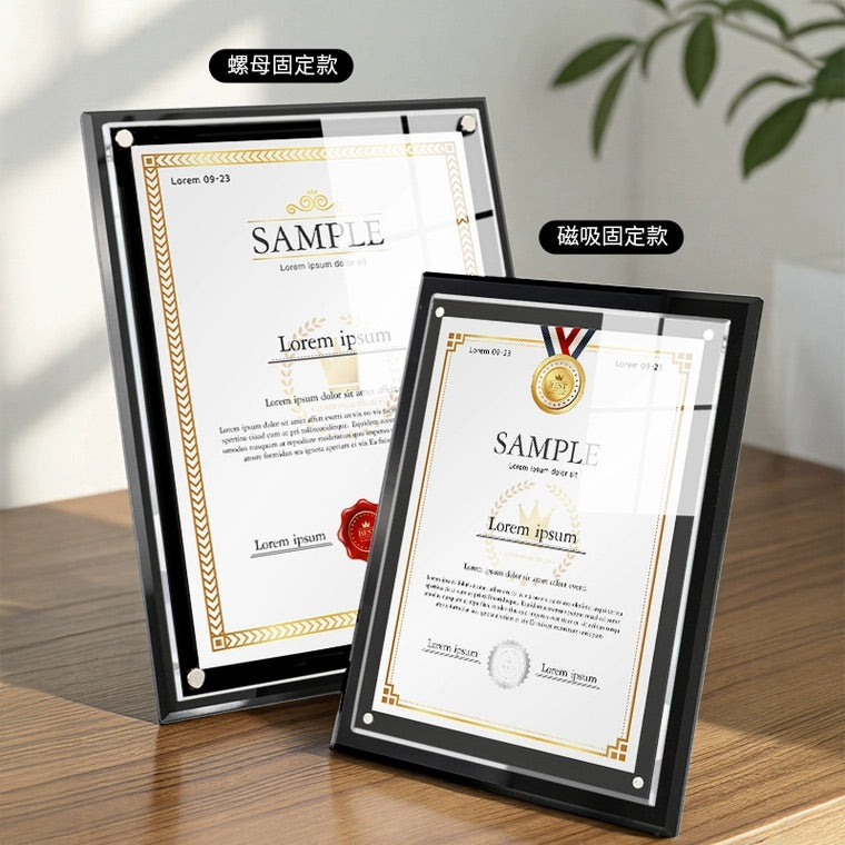 A4-size black acrylic certificate frame with secure nut fixation, featuring an 8mm extra-thick base plate for stability, designed for long-term display of important documents