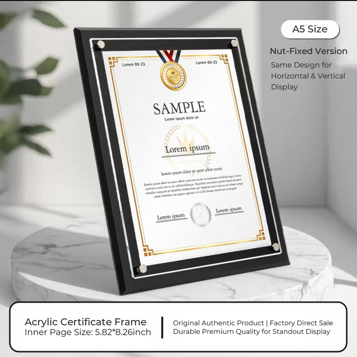 A5-size black border acrylic certificate frame with nut fixation, shown in a vertical display on a marble stand, ideal for showcasing smaller awards and documents