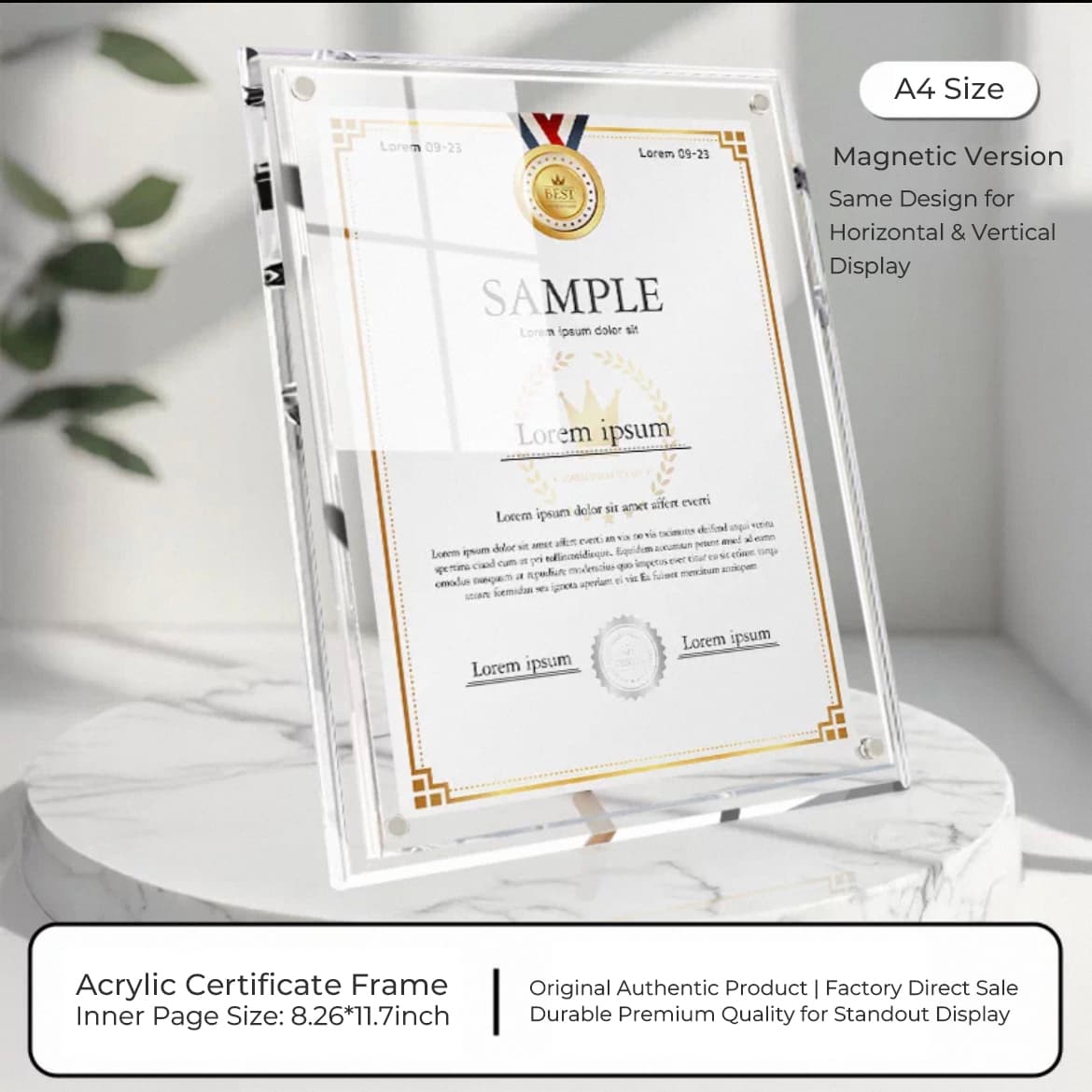 A4-size clear acrylic certificate frame with magnetic closure, displayed on a marble base, featuring a fully transparent design that highlights the sample diploma inside
