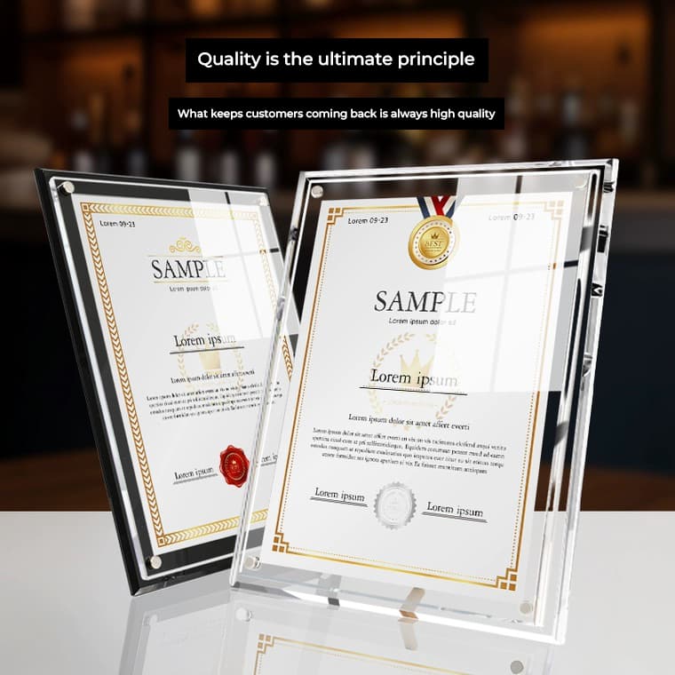 A4-size clear acrylic certificate frame with durable nut fasteners, boasting an 8mm thick base and a fully transparent design to highlight your certificates and awards