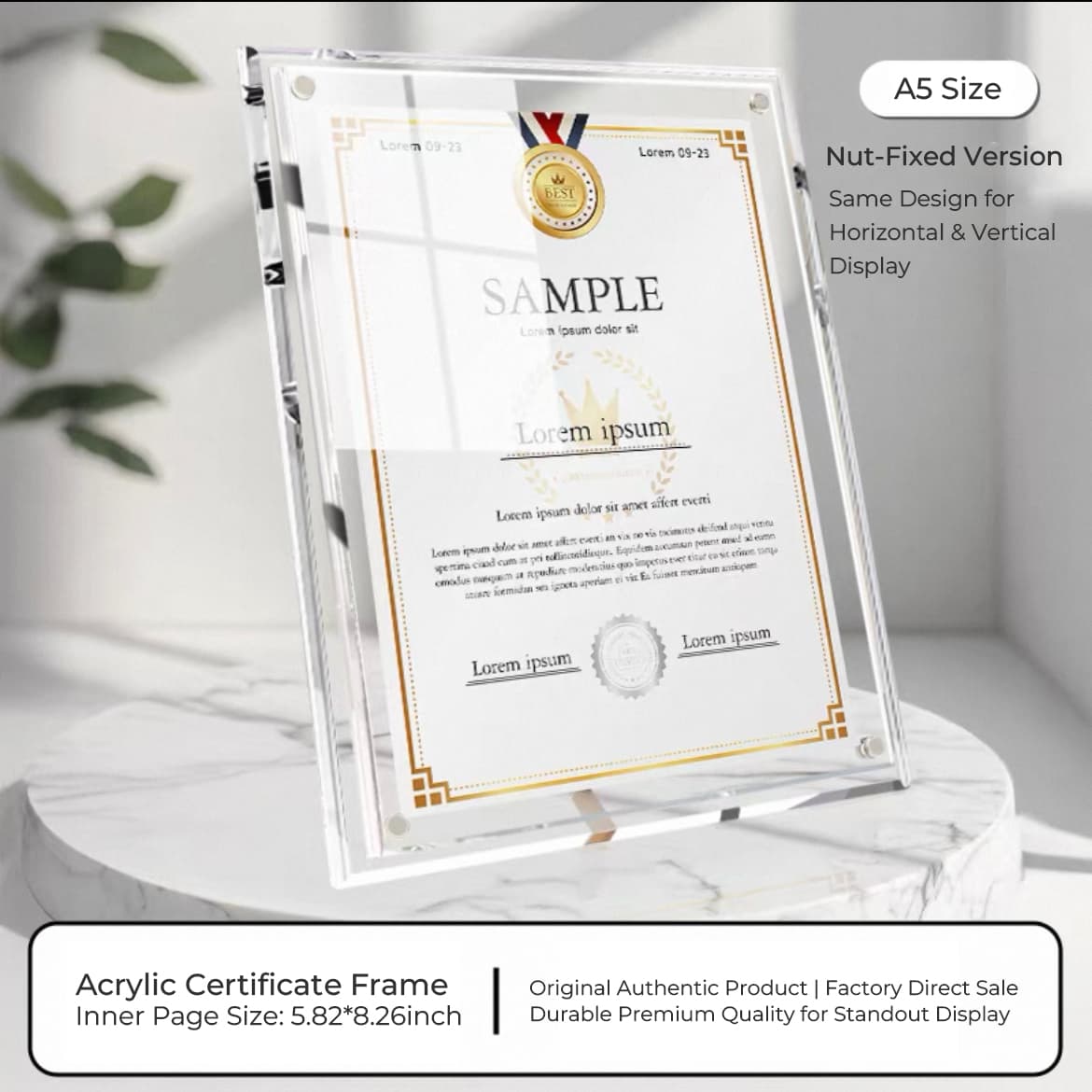 A5-size clear acrylic certificate frame with durable nut fasteners, displayed on a marble pedestal, offering a sleek, minimalist way to present small certificates and awards