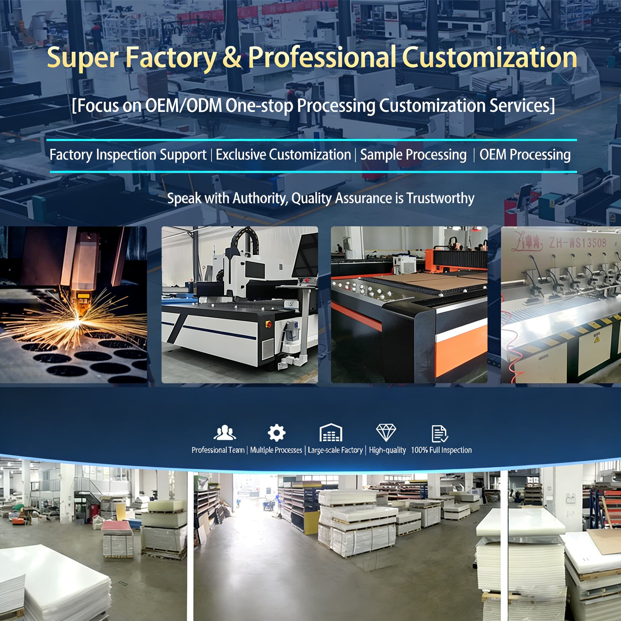 Super factory and professional customization for acrylic products, offering one-stop OEM/ODM processing services including factory inspection, exclusive customization, sample processing and label processing. Showcasing full production line with laser cutting, CNC machines, automated equipment and raw material storage, with advantages of professional team, multi-process, standardized production, high-quality materials and 100% full inspection.