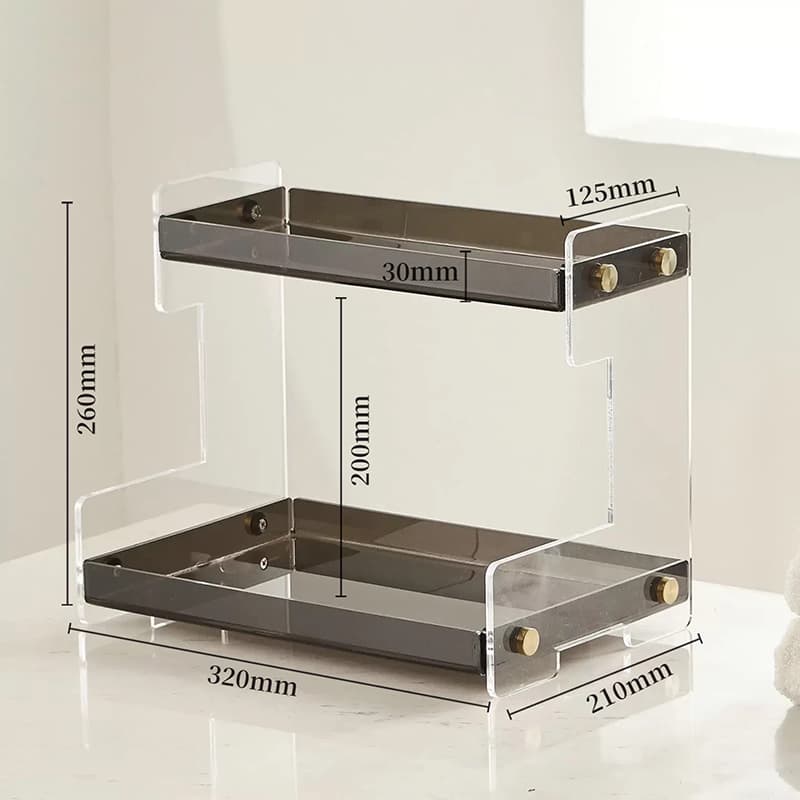 2‑tier clear acrylic storage tray product dimension size diagram