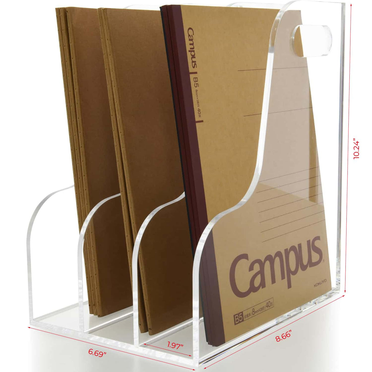 3-slot wave acrylic file organizer with dimension measurements (6.69" x 8.66" x 10.24")