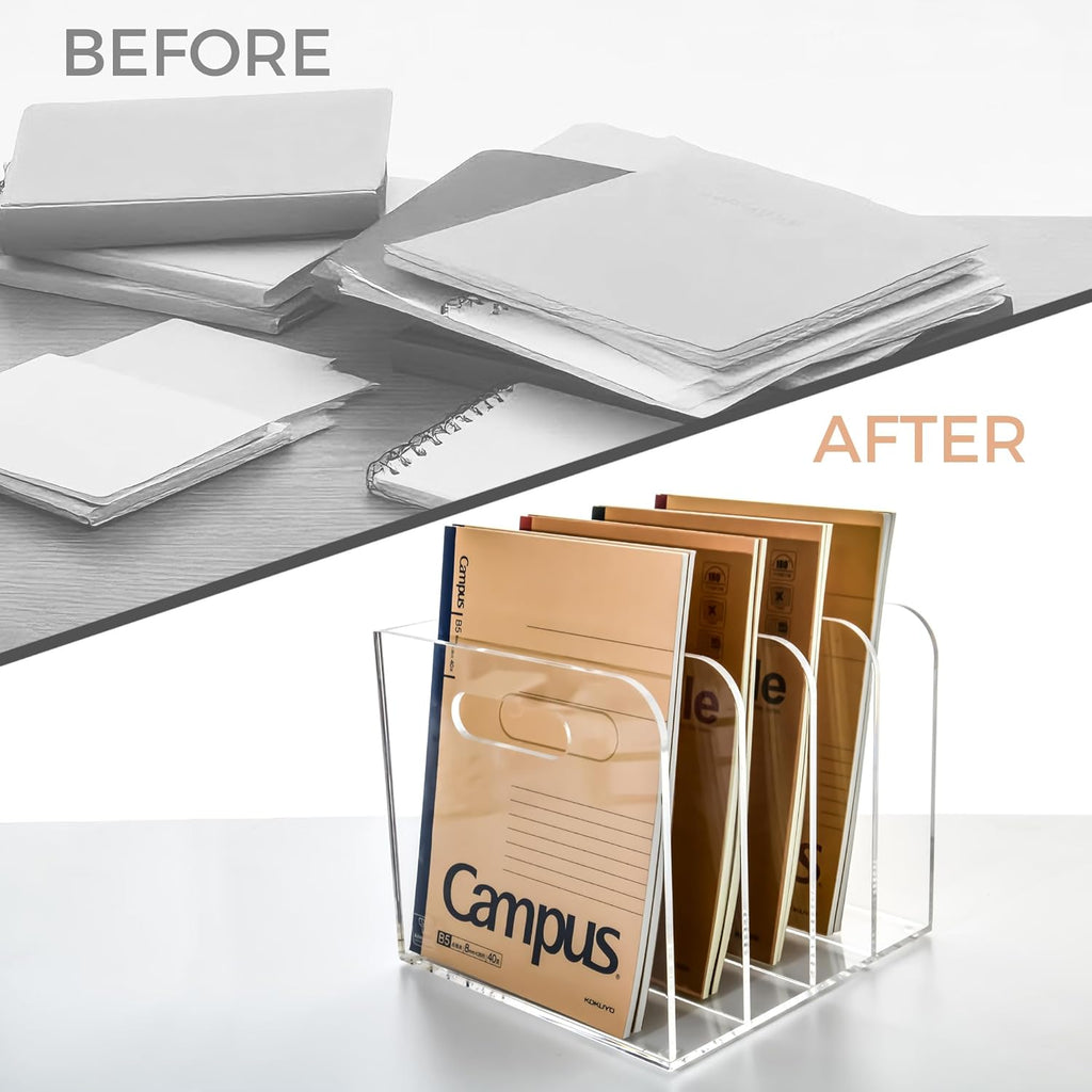 Before and after comparison of desk organization with a 4-slot acrylic file holder