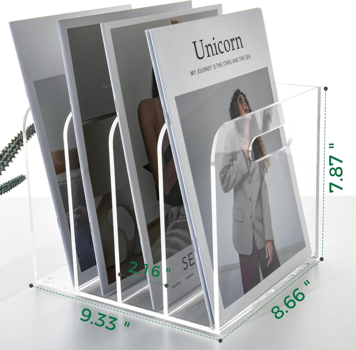 4-slot clear acrylic file organizer with dimension measurements (9.33" x 8.66" x 7.87")