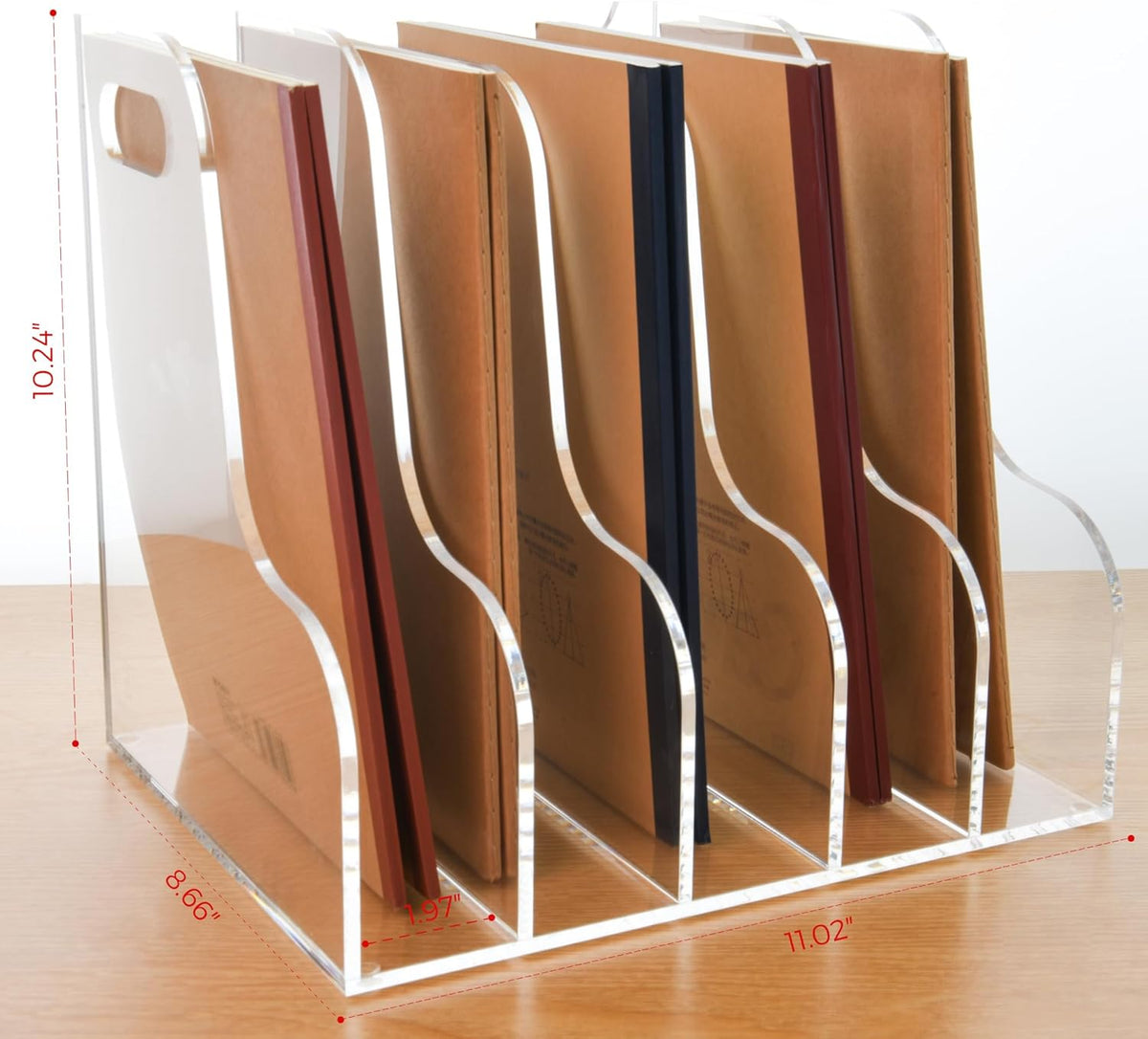 5-slot wave acrylic file organizer with dimension measurements (11.02" x 8.66" x 10.24")