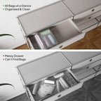 Before-and-after comparison: organized drawer with acrylic bag organizer vs messy unorganized drawer