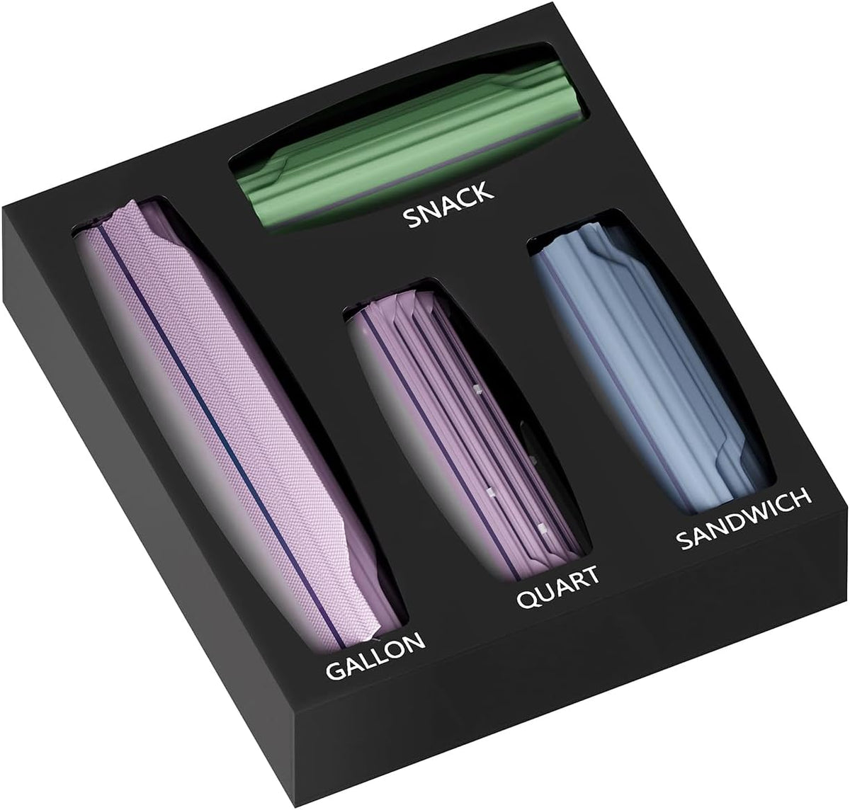 Black acrylic ziplock bag organizer with labeled compartments for gallon, snack, quart, and sandwich bags