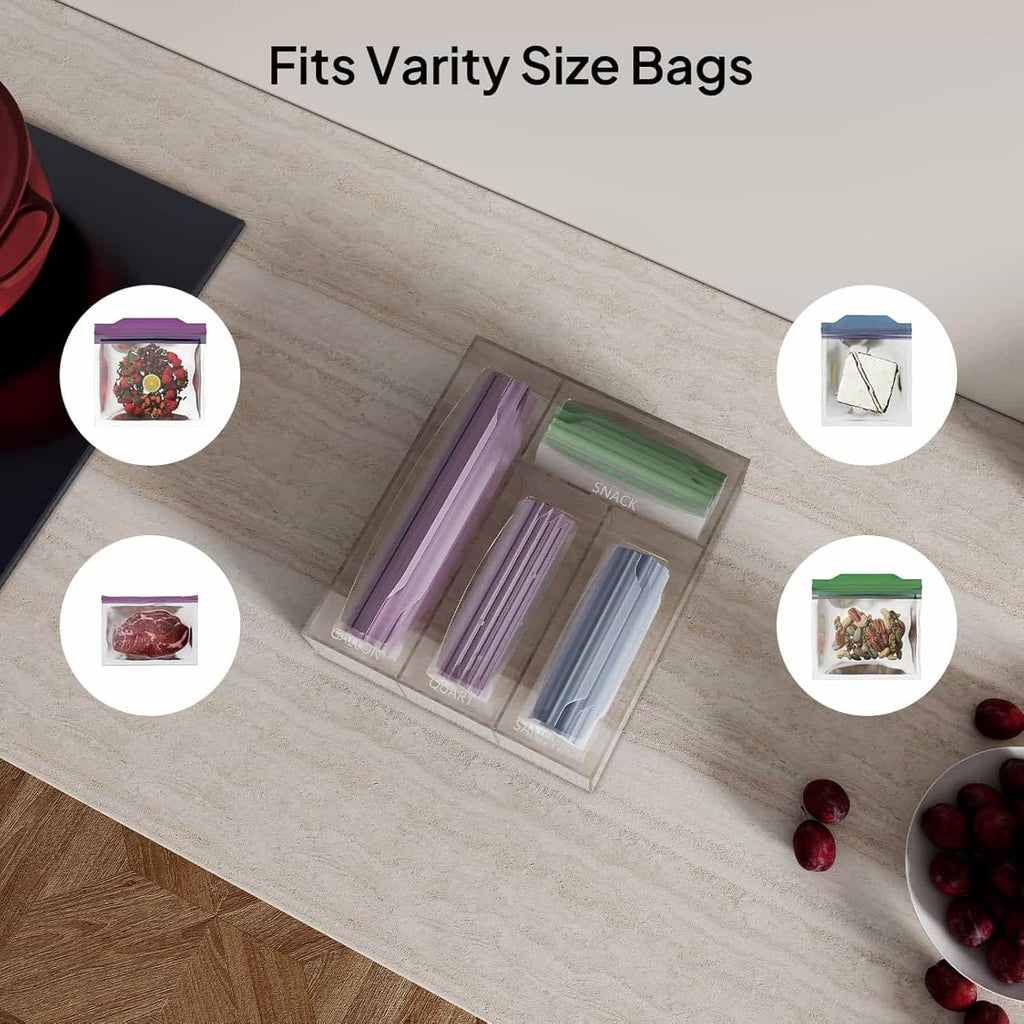Clear acrylic bag organizer on kitchen counter, showing compatibility with various bag sizes