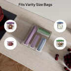 Clear acrylic bag organizer on kitchen counter, showing compatibility with various bag sizes