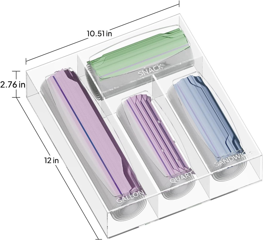 Clear acrylic ziplock bag organizer with dimensions (12" x 10.51" x 2.76") holding gallon, snack, quart, and sandwich bags
