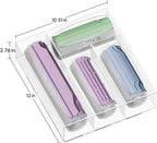 Clear acrylic ziplock bag organizer with dimensions (12" x 10.51" x 2.76") holding gallon, snack, quart, and sandwich bags