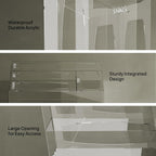 Close-up details of acrylic bag organizer: waterproof durable acrylic, sturdy integrated design, large opening for easy access