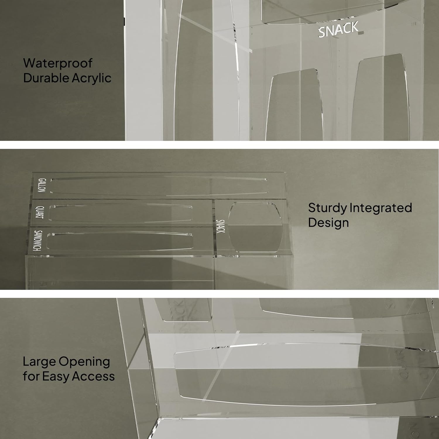 Close-up details of acrylic bag organizer: waterproof durable acrylic, sturdy integrated design, large opening for easy access