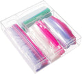 Transparent acrylic ziplock bag organizer with labeled compartments for gallon, snack, quart, and sandwich bags