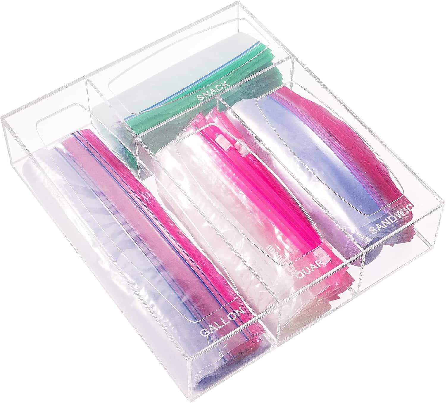Transparent acrylic ziplock bag organizer with labeled compartments for gallon, snack, quart, and sandwich bags