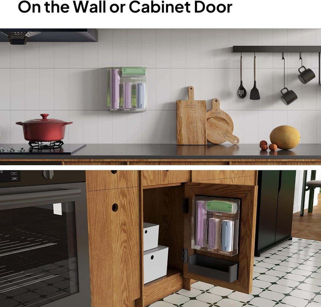Acrylic bag organizer mounted on a kitchen wall and cabinet door, saving counter space