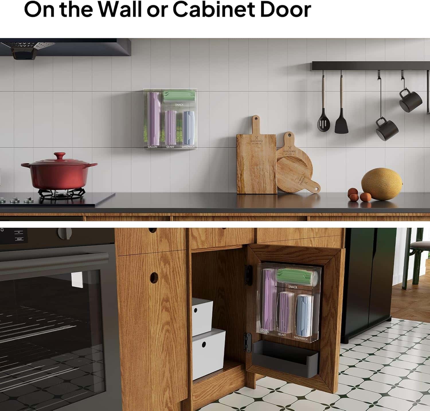 Acrylic bag organizer mounted on a kitchen wall and cabinet door, saving counter space