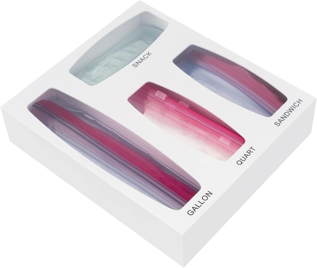 White acrylic ziplock bag organizer with labeled compartments for gallon, snack, quart, and sandwich bags