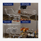 Feature breakdown of an acrylic bar cart, showing pulling handle, anti-fall baffles, glass holder, and wine bottle rack
