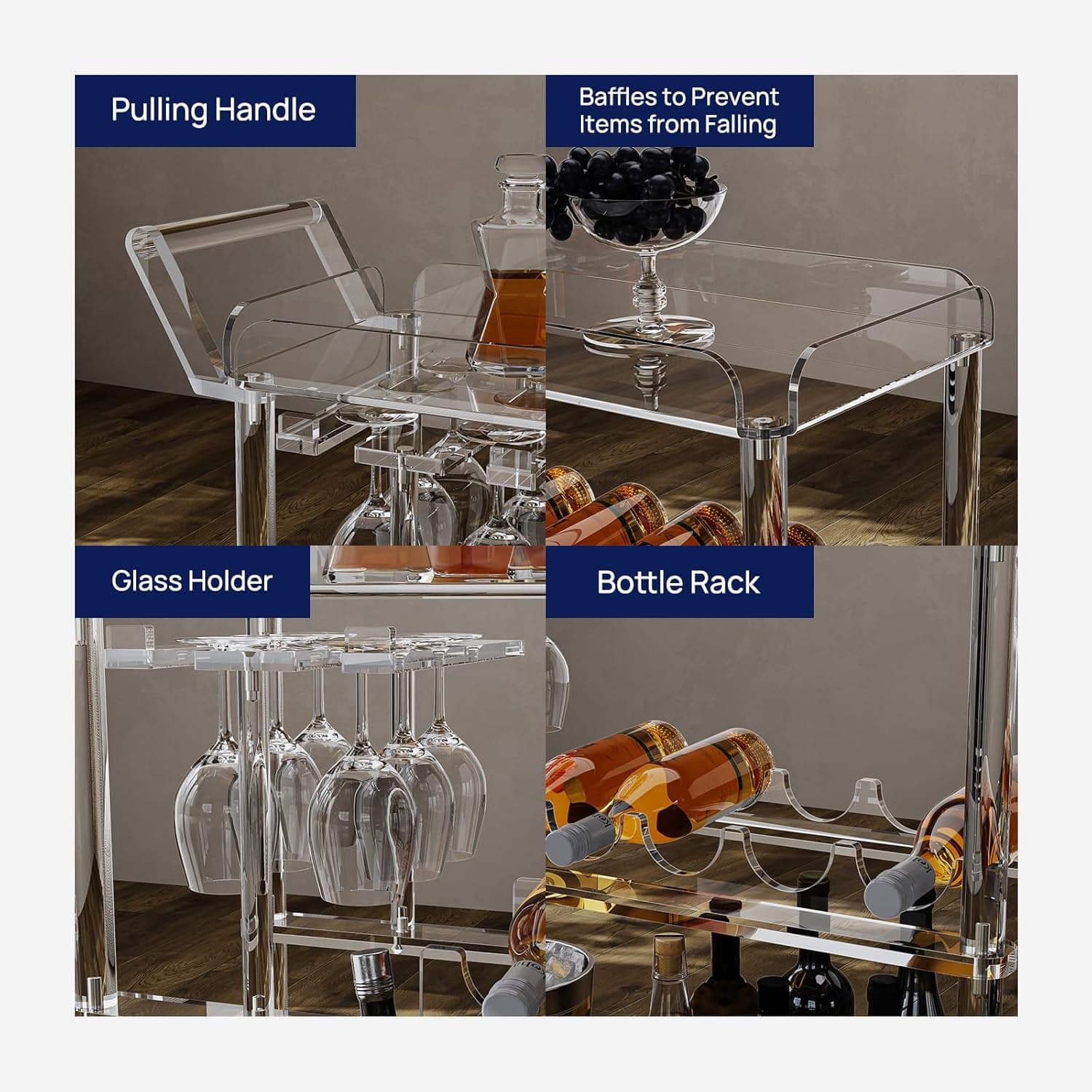 Feature breakdown of an acrylic bar cart, showing pulling handle, anti-fall baffles, glass holder, and wine bottle rack