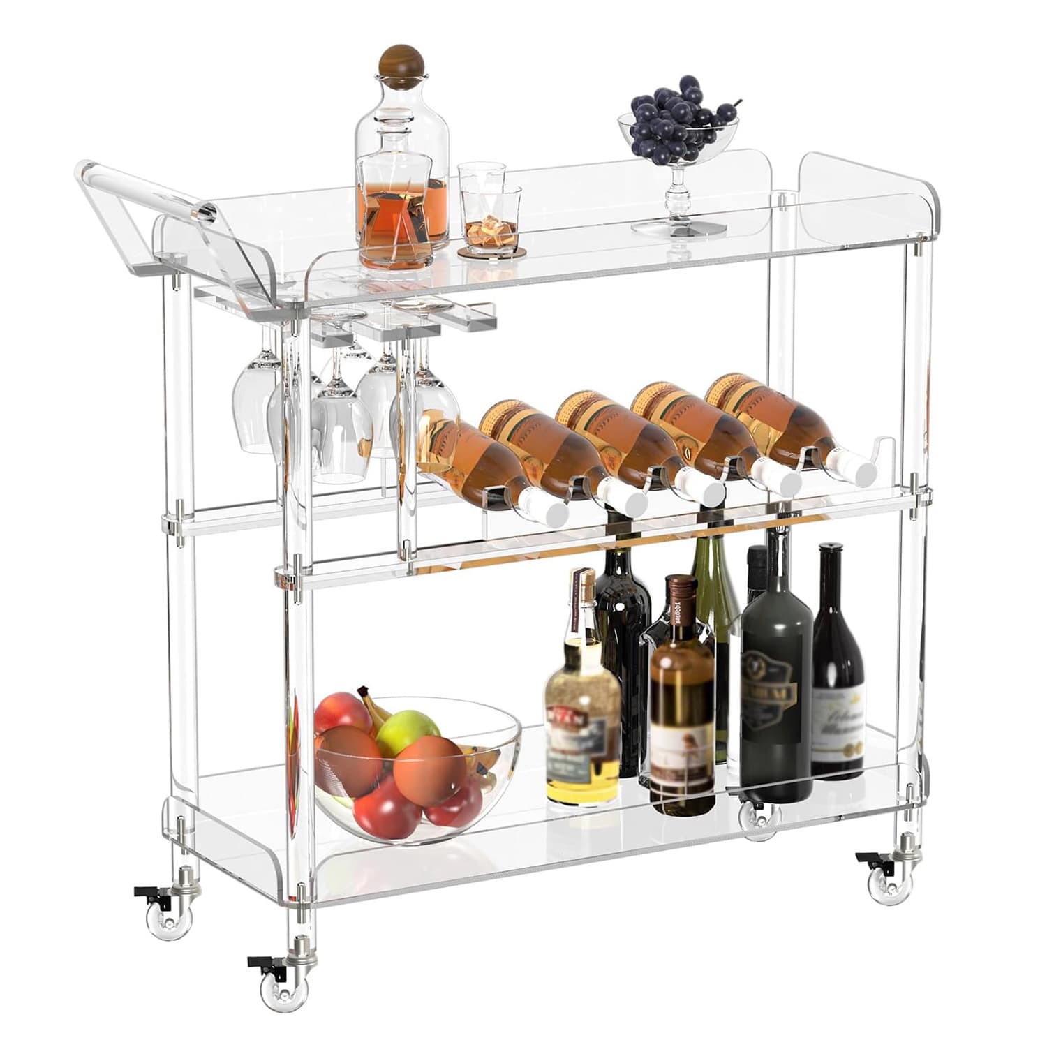 Spacious 2-tier acrylic bar cart with built-in wine bottle rack and glass holders, stocked with liquor, glasses, and fruit