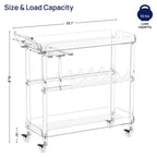 Spacious 2-tier acrylic bar cart with built-in wine bottle rack and glass holders, stocked with liquor, glasses, and fruit