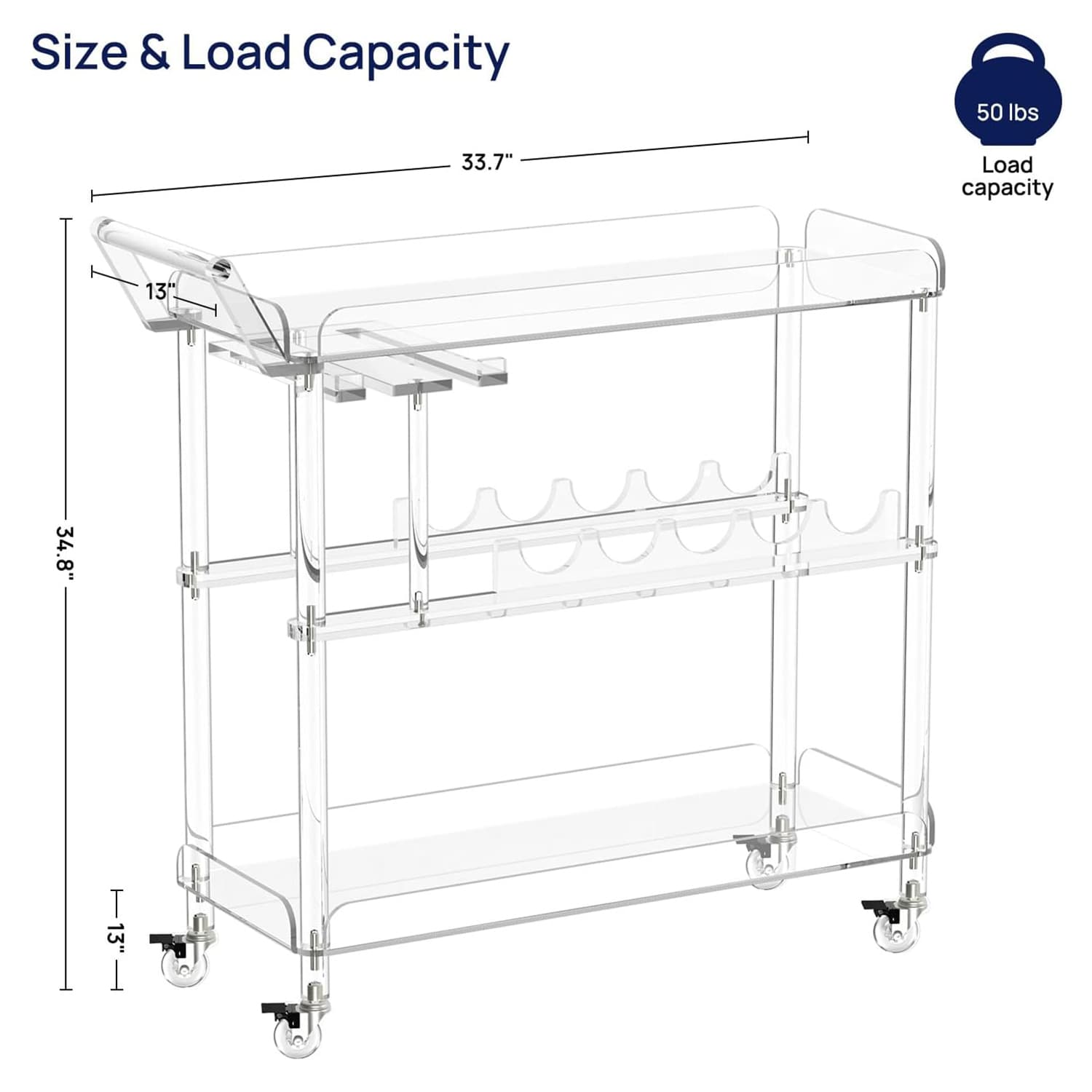 Spacious 2-tier acrylic bar cart with built-in wine bottle rack and glass holders, stocked with liquor, glasses, and fruit