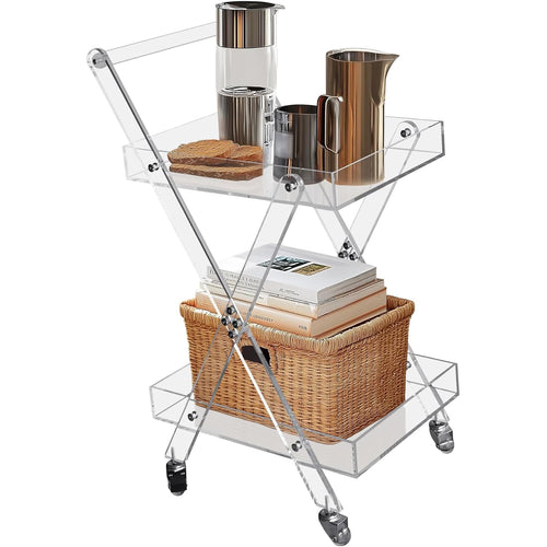 2-tier clear acrylic rolling bar cart holding drinks, glasses, and a storage basket