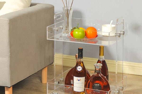 2-Tier Clear Acrylic Rolling Bar Cart – Mobile Serving Cart with Lockable Casters, Anti-Fall Baffles & Dual Color Options
