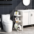 Acrylic storage cart in a bathroom, holding toiletries and cleaning products next to a toilet