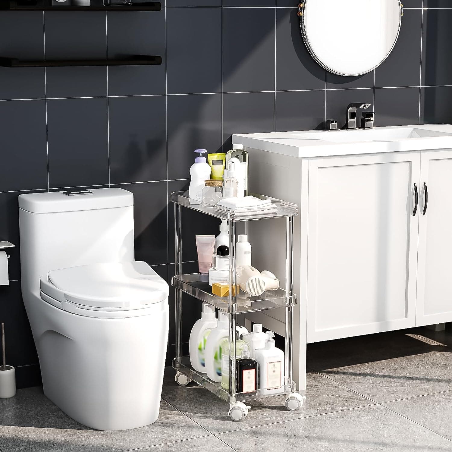 Acrylic storage cart in a bathroom, holding toiletries and cleaning products next to a toilet